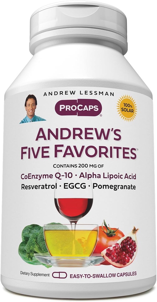 ANDREW LESSMAN Andrews fem favoritter 240 kapsler - Giver 200mg hver af Coenzym Q-10, Resveratrol, EGCG, Pomegranat og Alpha Lipoic Acid, Kraftig Antioxidant Support, Ingen tilsætningsstoffer