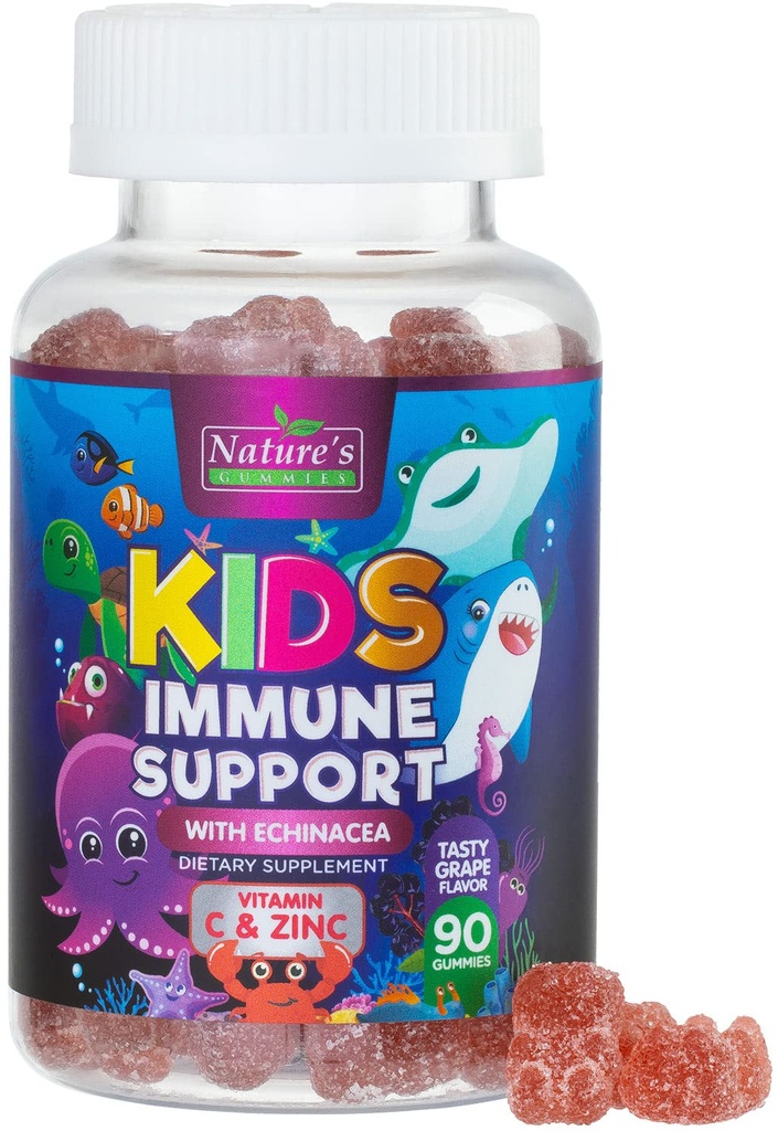 Kids Immunity Support Gummies - Daglige Childrens Vitamin C, Zink & Echinacea - Gummy for Kids Immunity Support, Age 4 og Up, Natural Berry Flavor, Non- GMO, Gluten- Free & Vegan - 90 Gummies