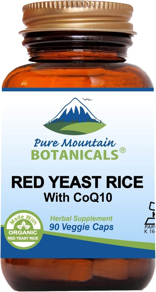 Pure Mountain Botanicals Red Yeast Rice med CoQ10 90 Kosher Vegan Capsules Now med 600mg Organic Red Rice Yeast Plus Co Q 10