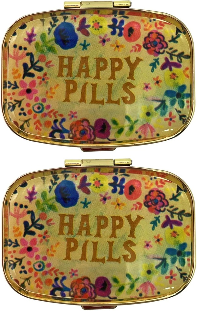 2 Pakninger af søde piller sager rejse venligt transportable kompakt Metal Pill Organizer Pill Box til at holde vitaminer / Tylenol / Fish Oil / Kosttilskud / Meds / Tablet til purse / Pocket (Happy Pills)
