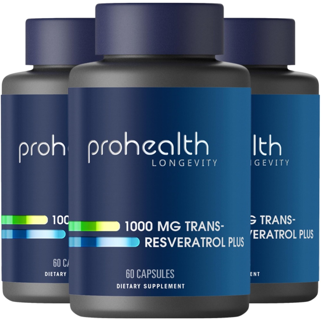 ProHealth Trans Resveratrol Plus 1000mg. Worlds Most Research Trans- Res Supplement. Læge Formuleret med Quercetin & BioEnhances for Max Potency. Lab Testet 98% Pure. 30 Servering (3 Pack)