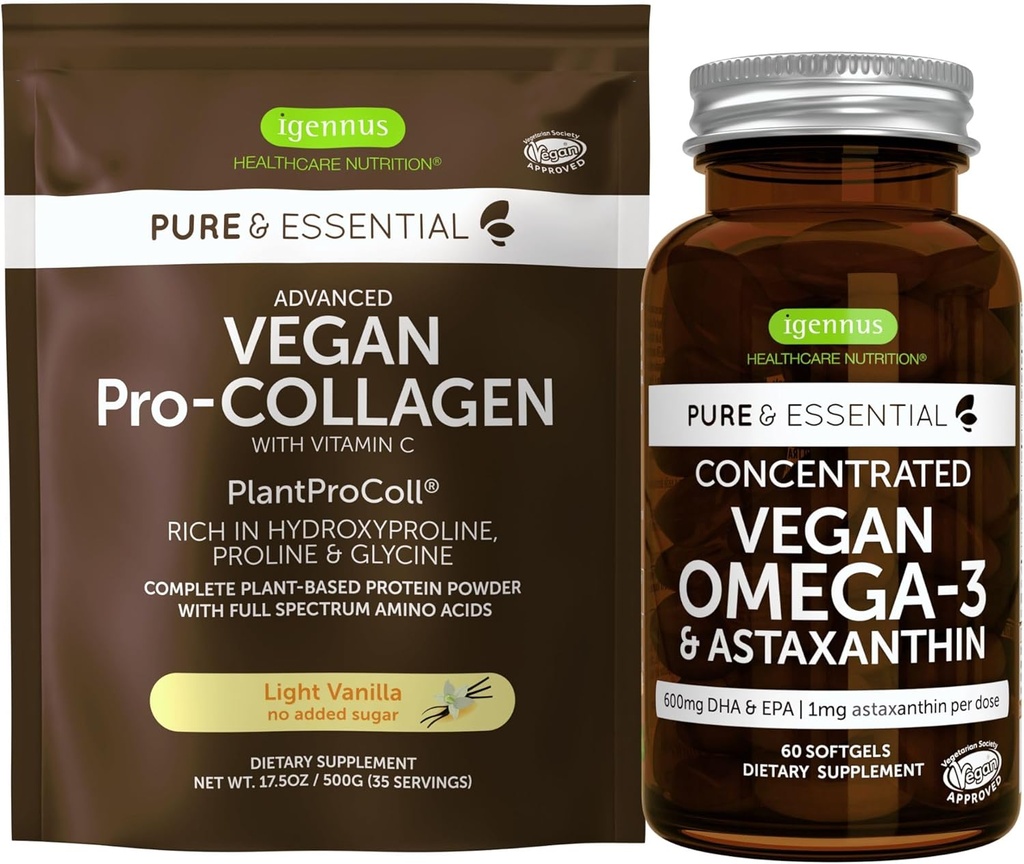 Vegan Vanilla Collagen Protein Powder & Vegan Omega-3 Bundle, Complete Collagen Boosting Formel & Sustainable Algae Oil 1340mg, by Igennus