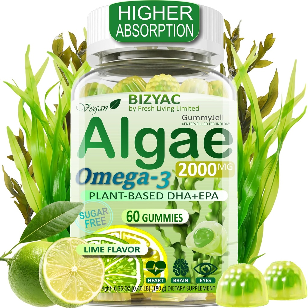 Algae Gummies, Omega 3 Gummies 2200mg from Algae Oil | DHA 640mg & EPA 290mg| Vegan | for Women & Men | CoQ10 | Astaxanthin | Vitamin A, E, D3 for Brain, Eye, Antioxidant, Sugar Free, 1Pack