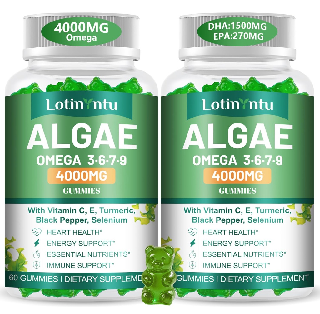 2 Pack Algae Omega 3-6-7-9 + DHA:1500MG & EPA:270MG from Algal Oil 4000mg,High Absorption with Vitamin C,E,Turmeric, Black Pepper & Selenium,Plant-Based,for Supports Heart, Brain & Immune Wellness