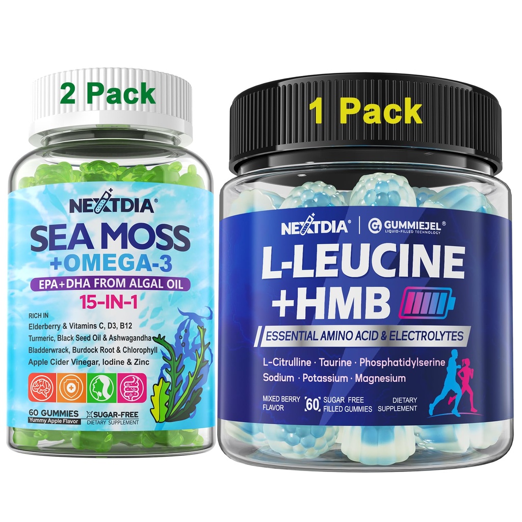 Bundle: Sea Moss Gummies + Algae Omega-3 for Men Women 2 Pack & Hmb and L-Leucine Gummies + Electrolyte for Men & Women 1 Pack