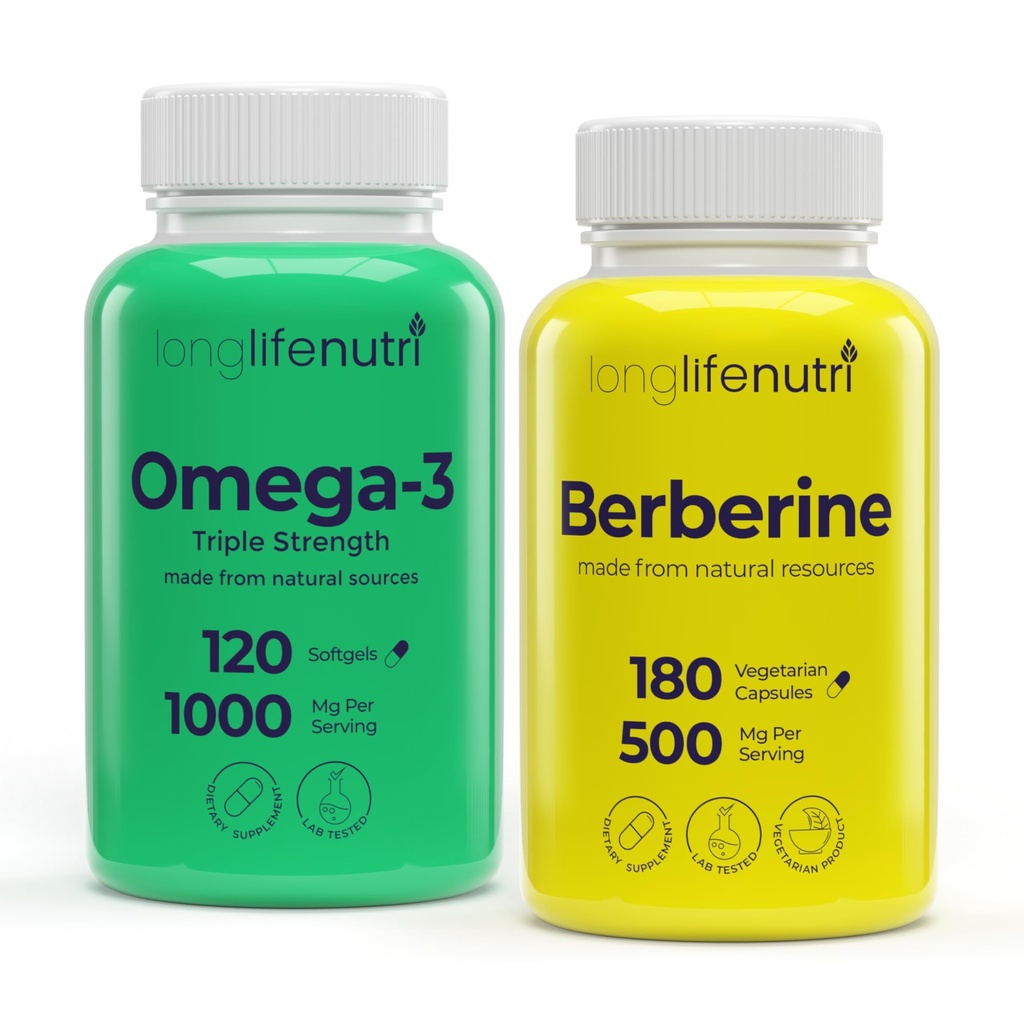 LongLifeNutri Omega-3 Fish Oil 1000 mg (120 Softgels) & Berberine HCl 500 mg (180 Vegan Caps) Bundle – 4–6 Month Supply, High EPA/DHA Omegas & Botanical Alkaloid, Non-GMO, GMP Certified, Made in USA