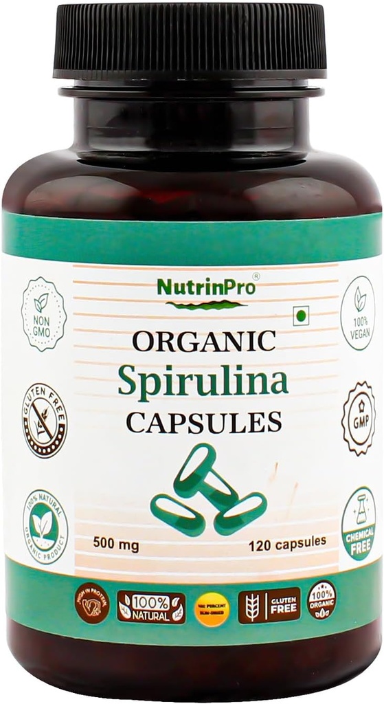 USDA Organic Spirulina Capsules - 100% Pure Vegan Supplement, Non-GMO, Gluten- Free, Chemical-Free, (120)