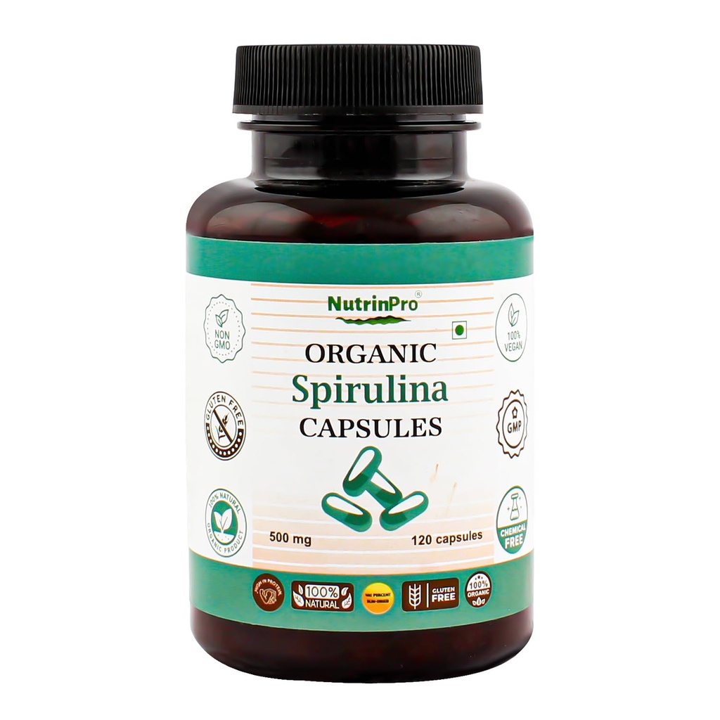 USDA Organic Spirulina Capsules - 100% Pure Vegan Supplement, Non-GMO, Gluten- Free, Chemical-Free, (120)