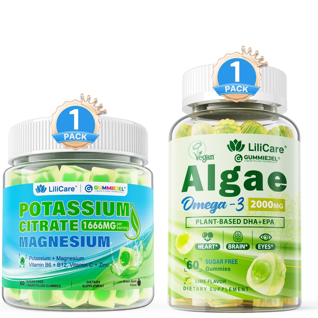 Omega 3 Gummies 2200mg, Potassium Citrate Gummies 1666mg for Adults, 2 Pack