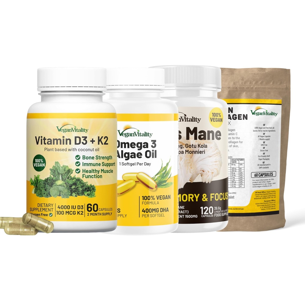 Vegan Vitality Skin & Brain Bundle, 2 Months Supply - D3 K2, Lion's Mane, Omega 3 Algae Oil, and Vegan Collagen
