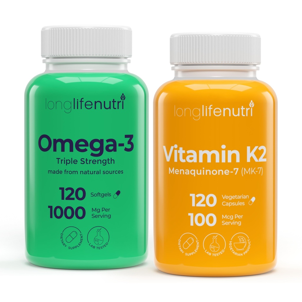 LongLifeNutri Omega-3 Fish Oil 1000 mg & Vitamin K2 MK-7 100 mcg Bundle – 120 Softgels + 120 Veg Capsules, 4 Month Supply, High EPA/DHA Omegas & Bone Support, Non-GMO, GMP Certified, Made in USA