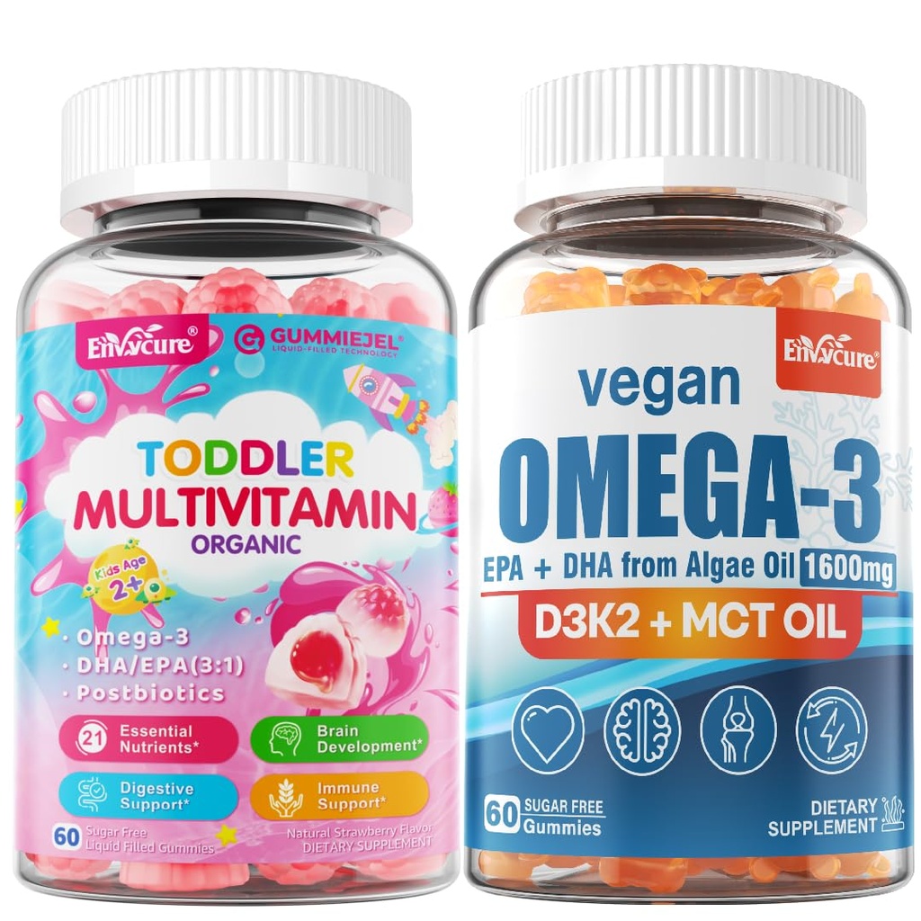 Vegan Omega 3 Gummies 1280mg + Vitamin D3 K2 (MK7) + Organic Toddler Multivitamin Gummies + Omega-3 (DHA/EPA), Postbiotics 3 Pack