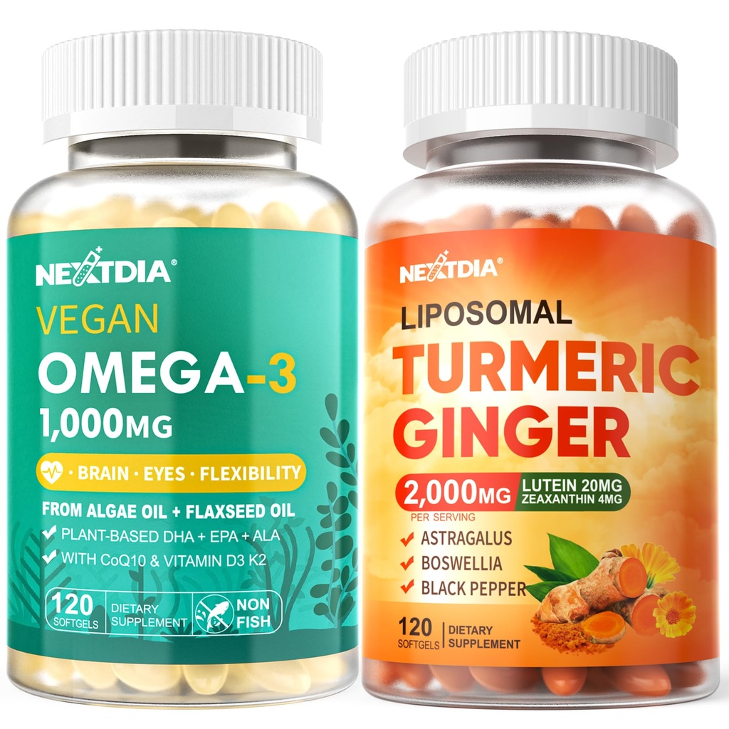 Vegan Omega 3 D3K2 Supplement + Liposomal Turmeric Ginger Lutein Supplement