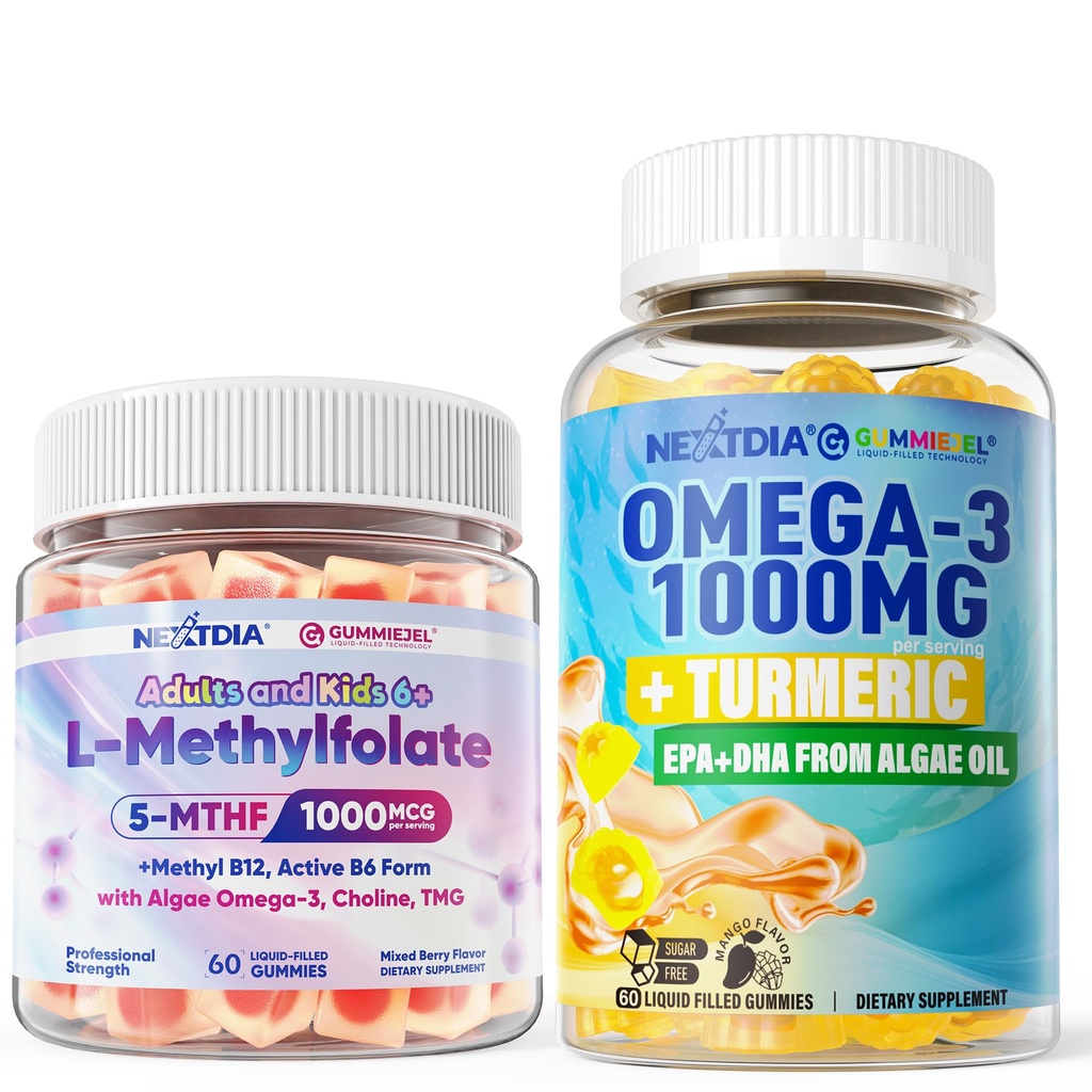 Omega-3, L-Methylfolate 1000 mcg + Methyl B12 Gummies, 2Pack