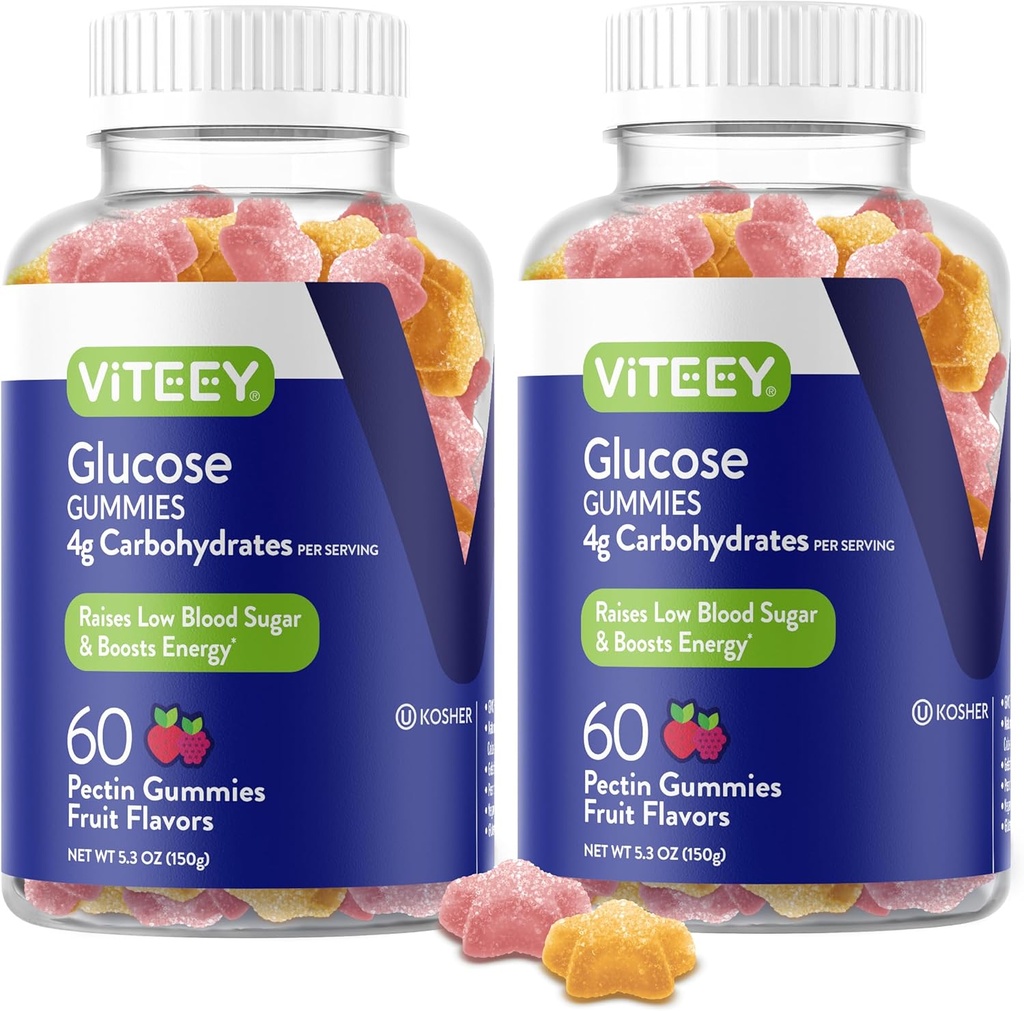 Viteey Glucose Gummies - 4g kulhydrater - Hurtig fungerende alternativ til Glucose tabletter - energi og blod sukker support - Vegan, Gluten Free, Gelatine Free - 120 Greve