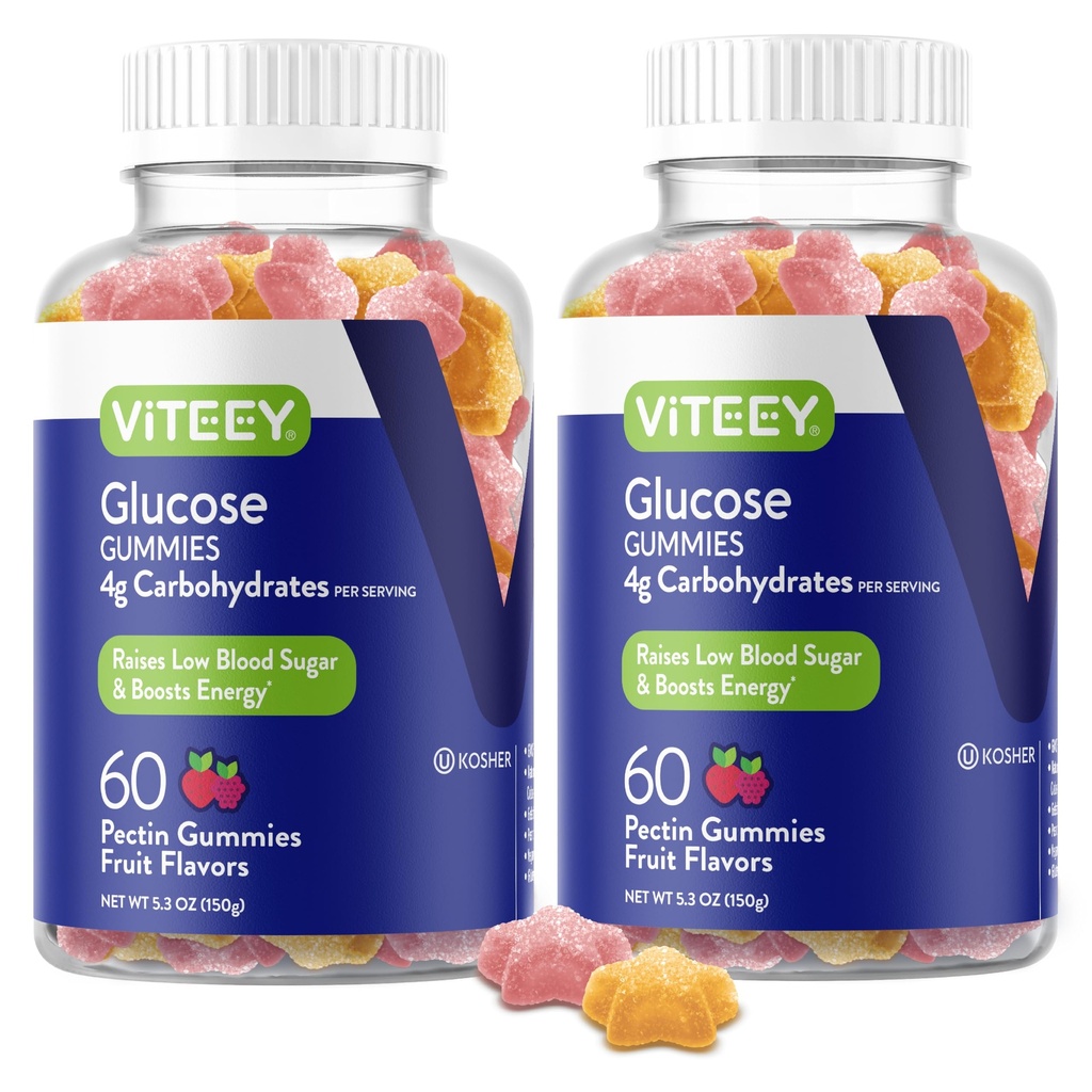 Viteey Glucose Gummies - 4g kulhydrater - Hurtig fungerende alternativ til Glucose tabletter - energi og blod sukker support - Vegan, Gluten Free, Gelatine Free - 120 Greve