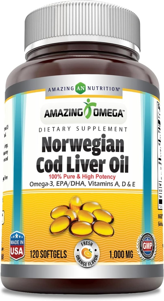 Amazing Omega Norwegian Cod Lever Oil (Omega-3, EPA / DHA) Supplement: 124; 1000 Mg pr Servering: 124; 120 Softgels: 124; Orange Flavor: 124; Non- GMO: 124; Gluten- Free: 124; Fremstillet i USA
