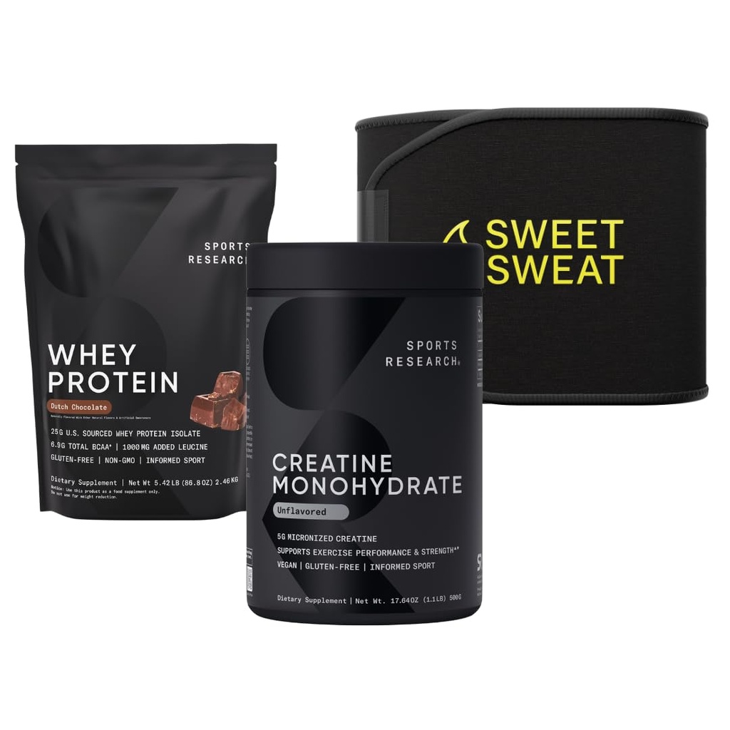 Sports Research Training Performance Pack - Creatine Monohydrate, Dutch Chocolate Whey Protein and Sweet Sweat Waist Trimmer (Black/Yellow, Small)