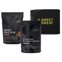 Sports Research Training Performance Pack - Creatine Monohydrate, Dutch Chocolate Whey Protein and Sweet Sweat Waist Trimmer (Black/Yellow, Small)