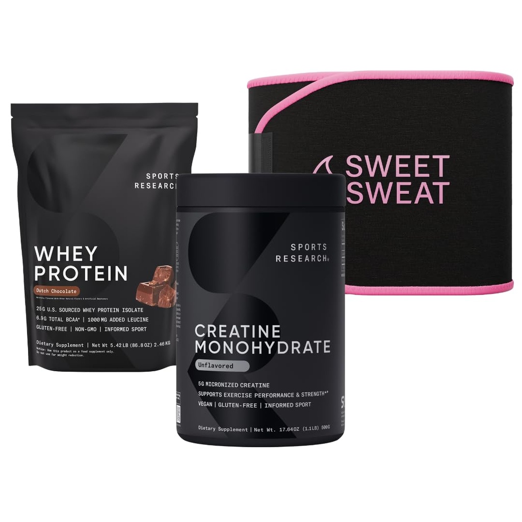 Sports Research Training Performance Pack - Creatine Monohydrate, Dutch Chocolate Whey Protein and Sweet Sweat Waist Trimmer (Black/Pink, Small)