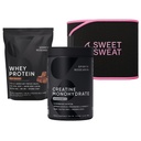 Sports Research Training Performance Pack - Creatine Monohydrate, Dutch Chocolate Whey Protein and Sweet Sweat Waist Trimmer (Black/Pink, Small)