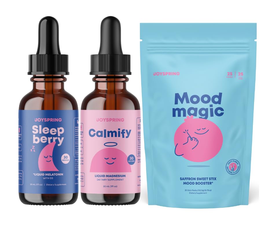 JoySpring SleepBerry Flydende Melatonin, Magnesium Citrate & Glycinate Drops, og Mood Saffron Pixie Stick til børn
