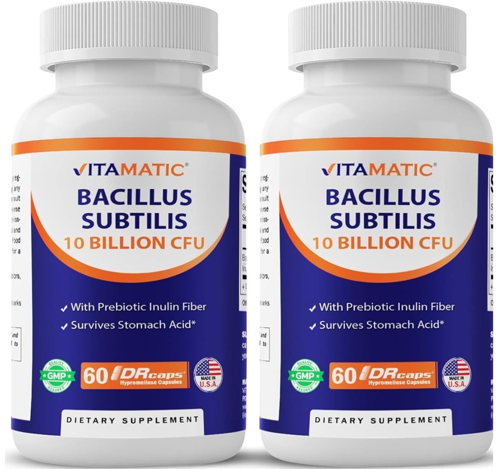 Vitamatic Bacillus Subtilis 10 Billion per DR Capsule - 60 Count - Digestive, Gut & Immune Health Support - Made with Prebiotic Inulin Fiber-2 Pack