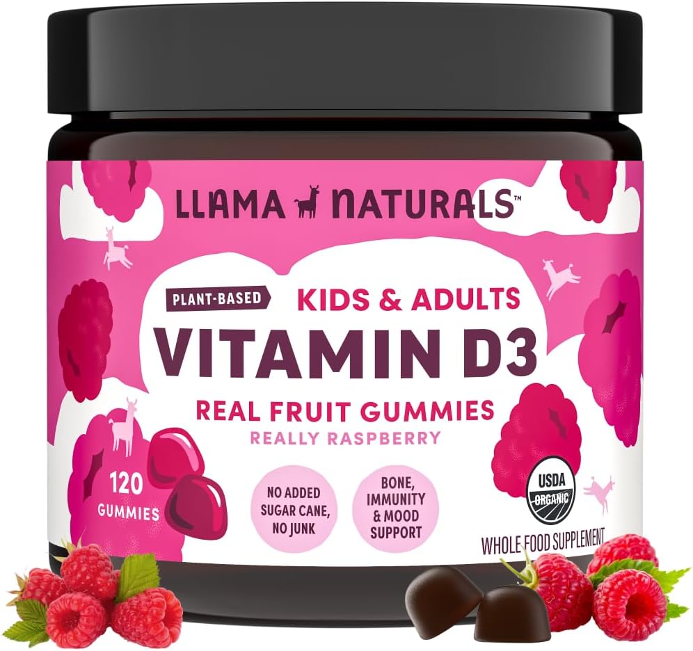 Llama Naturals Vitamin D3, Vegan, Økologisk immunforsvar Support, Vitamin D gummier for voksne og børn, Real Fruit Gummy Vitaminer, Promoes Bone Health, Ingen Tilføjet sukkerrør, Hindbær, 120 Ct