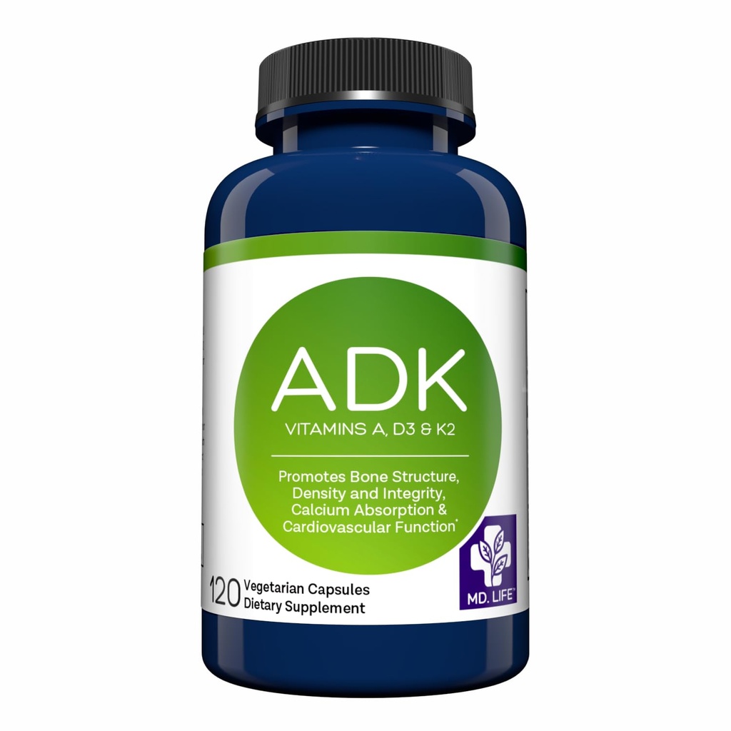 MD.Life ADK Vitamin Supplement - Vitamin D3 K2 og A Complex - 120 Kapsler - Høj potens Vitamin ADK for ben og hjerte sundhed støtte