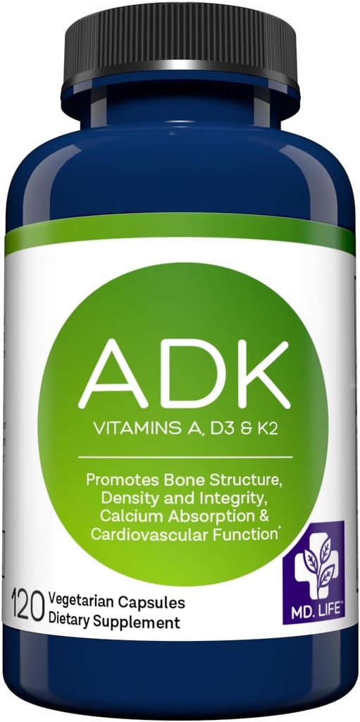 MD.Life ADK Vitamin Supplement - Vitamin D3 K2 og A Complex - 120 Kapsler - Høj potens Vitamin ADK for ben og hjerte sundhed støtte