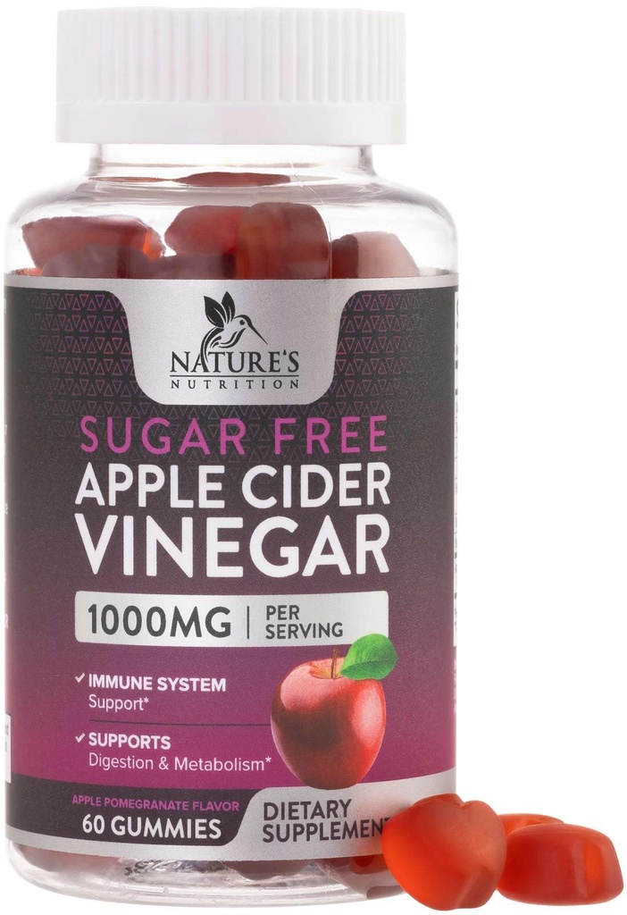 Æblecider Vinyl Gummier til vægttab 1000mg - Vegansk Æble Vinyl Gummy til Detox & Rense, ACV supplement piller, vitamin B12, Sukker fri ACV Gummy, Non- GMO, Nature 's Nutrition - 60 Gummies
