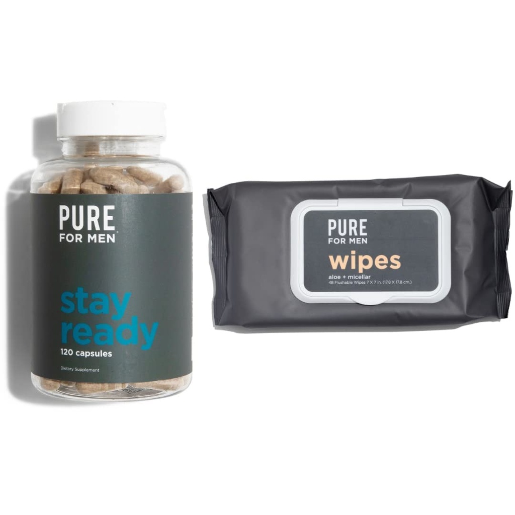 Ren for mænd Original Vegansk Renlighed Fiber Supplement, 120 Kapsler, Økoansvarligt Stay Ready Wipes med Micellar og Aloe (48 Greve)