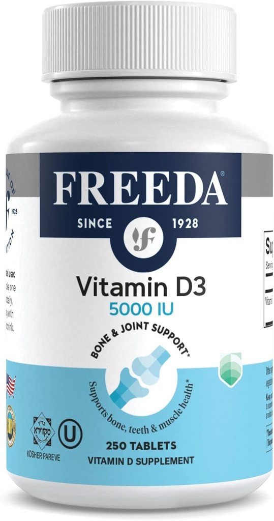 FREEDA vitamin D3- 5000 IE - Pure High Potency Kosher Supplement tabletter - Knogler og muskler, Calcium Absorption, immunforsvar for mænd og kvinder * - 250 Tæl