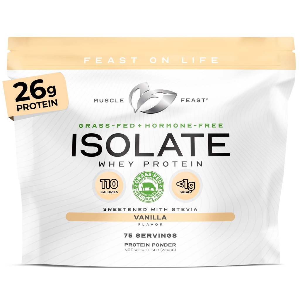 Muscle Feast Grass-Fed Whey Protein Isolate, All Natural Hormone Free Pasture Raised, Whey Isolate Protein Powder for Men and Women, Clean, Gluten-Free, Delicious Isolate Protein - Vanilla, 5lb
