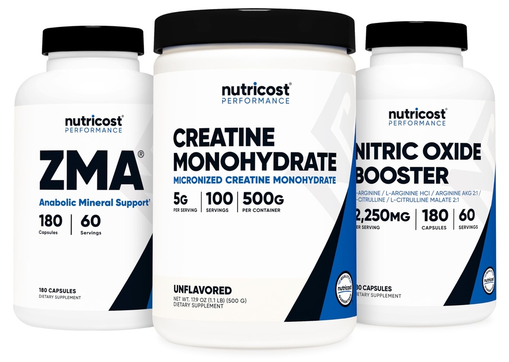 Nutricost Creatin 500 bedstemor, nitrogenoxid 180 kapsler, og ZMA 180 kapsler Bundle