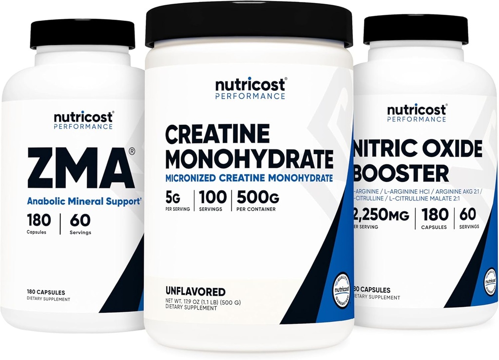 Nutricost Creatin 500 bedstemor, nitrogenoxid 180 kapsler, og ZMA 180 kapsler Bundle