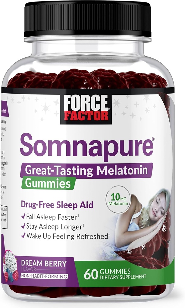 FORCE FACTOR Somnasure Gummies med Melatonin 10 mg for voksne, non- habitat-forming, naturlig dvalehjælp til dyb søvn, Stay Assapy Longer, Wake Up Refreshed, Dream Berry Flavor, 60 Greve (Pack of 1)