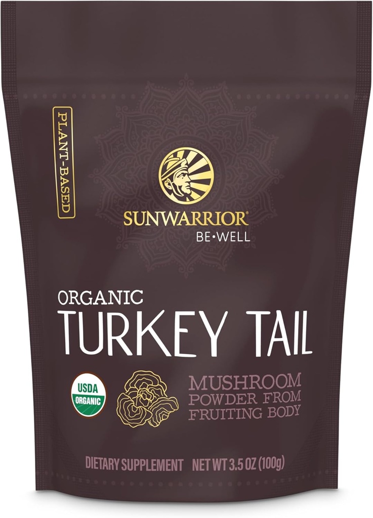 Sunwarrian Organic Turkey Tail Mushroom Powder # 124; Tyrkiet Mushroom # 124; Microbiome Gut Health Support # 124; 50 Servere 100g Pouch # 124; Vær godt