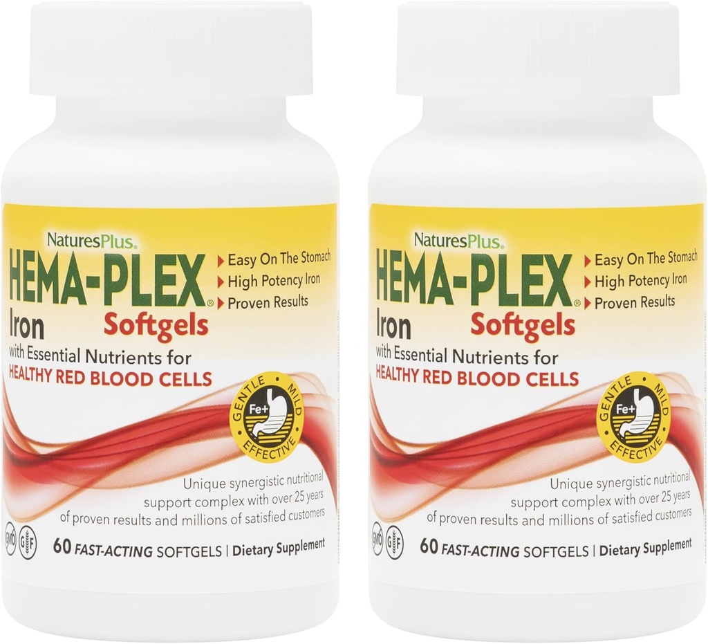 NaturesPlus Hema- Plex Iron - 60 Fast- Actioning Softgels - 2 Pack - 85 mg Iron + C-vitamin & Bioflavonoider til sunde røde blodceller - Vegan, Gluten Free - 40 Total Servering