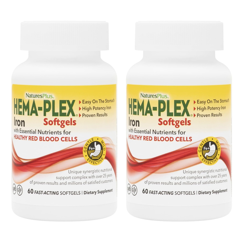 NaturesPlus Hema- Plex Iron - 60 Fast- Actioning Softgels - 2 Pack - 85 mg Iron + C-vitamin & Bioflavonoider til sunde røde blodceller - Vegan, Gluten Free - 40 Total Servering