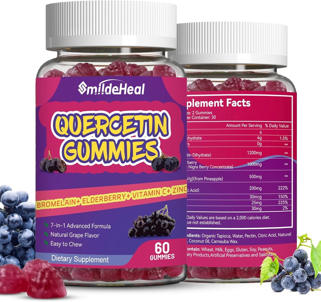 2 Pack Quercetin Gummies 1200MG, Quercetin Gummies med bromelain, Zinkvitamin C, immunsystem Vegan Gummy til voksne & Kid, 120 Vegan