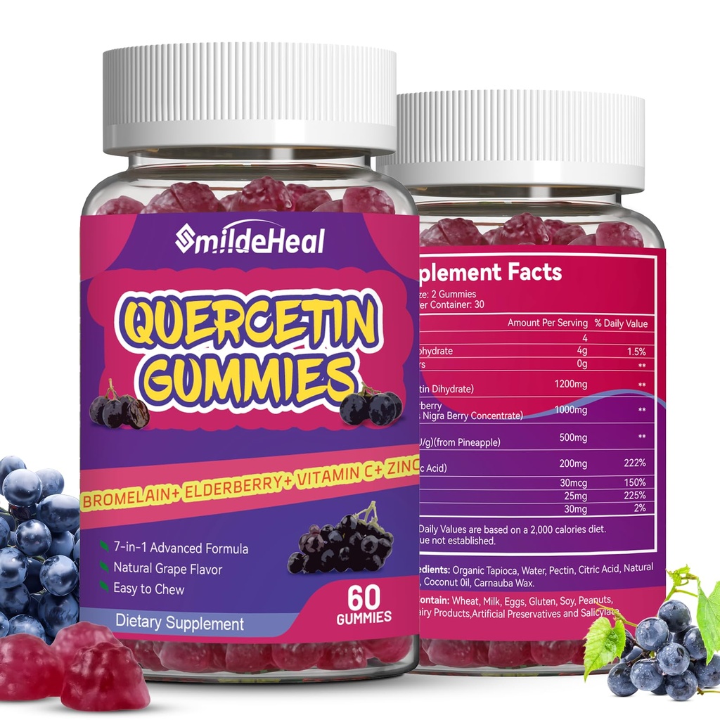 2 Pack Quercetin Gummies 1200MG, Quercetin Gummies med bromelain, Zinkvitamin C, immunsystem Vegan Gummy til voksne & Kid, 120 Vegan