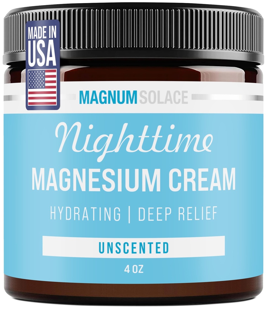 Magnum Solace Magnesium Lotion - Hydrerende Nighttime Cream anvendes på ben, arme eller bryst - topisk Chloride USA Made and Safe for Kids (Uduftende)