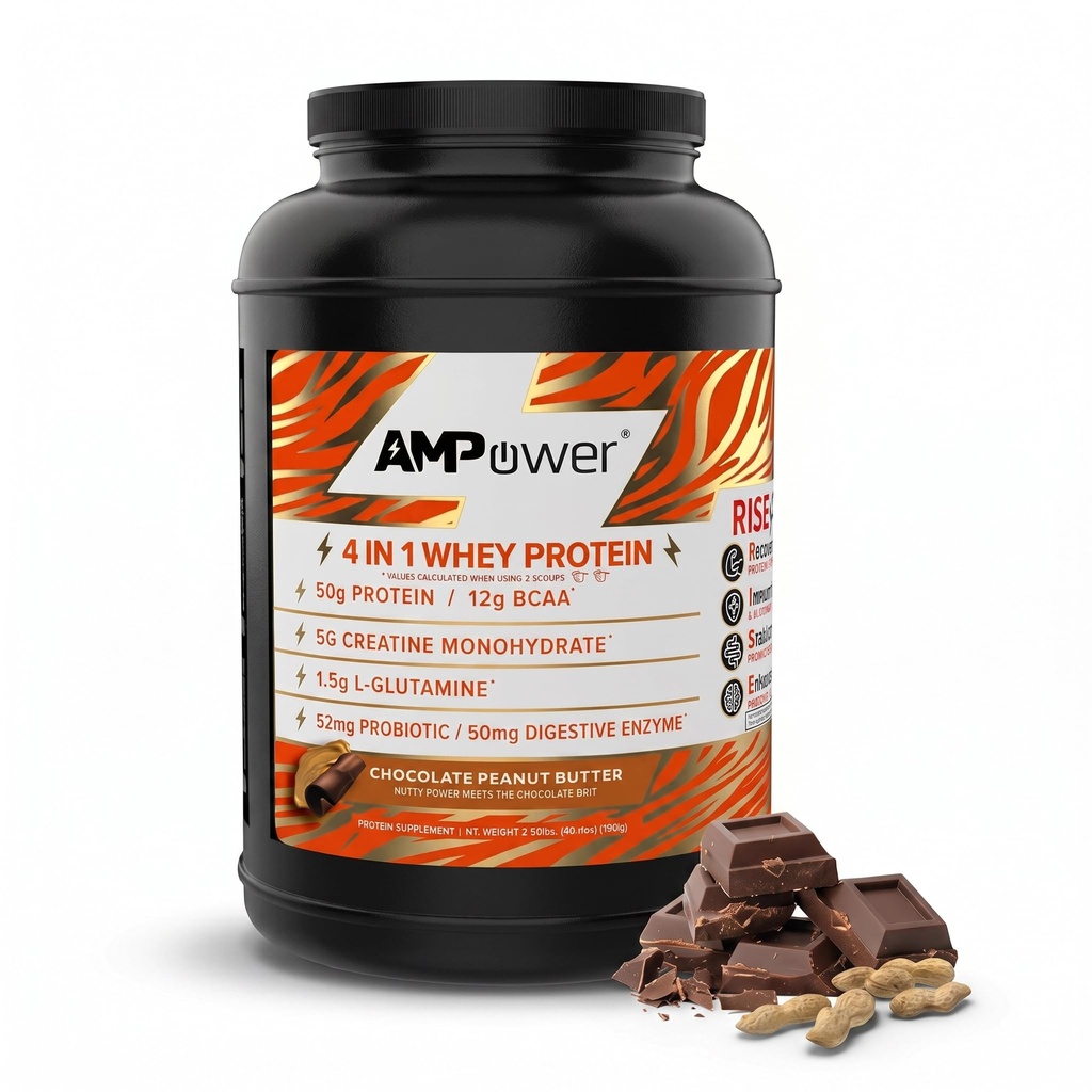 Chocolate Peanut Butter Whey Protein Powder - R.I.S.E Formula Designed by Athletes - 50g Protein, BCAA, Creatine, L-glutamine, Probiotics & Digestive Enzymes - Whey Isolate Protein Powder 30 Servings