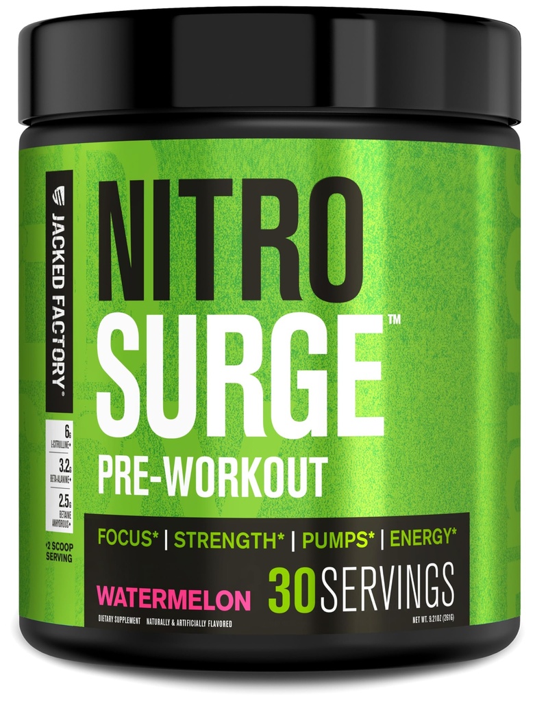 Jacked Factory NITROSURGE Pre Workout Supplement - Endless Energy, Instant Strength Gains, Clear Focus and Intense Pumps - NO Booster & Powerful Preworkout Energy Powder - 30 Servings, Watermelon