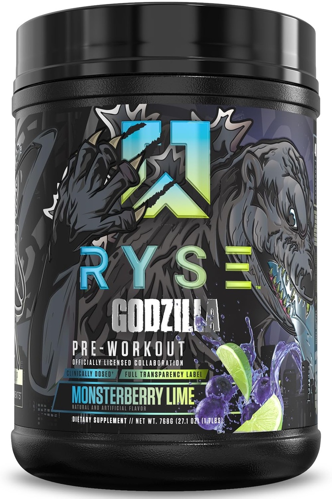 RYSE Godzilla X Noel Deyzel Pre Workout Powder - Monsterberry Lime - 400mg Caffeine, High Stim Pre-Workout for Men & Women with Citrulline & Beta Alanine - Energy, Pump & Focus - 20/40 Servings