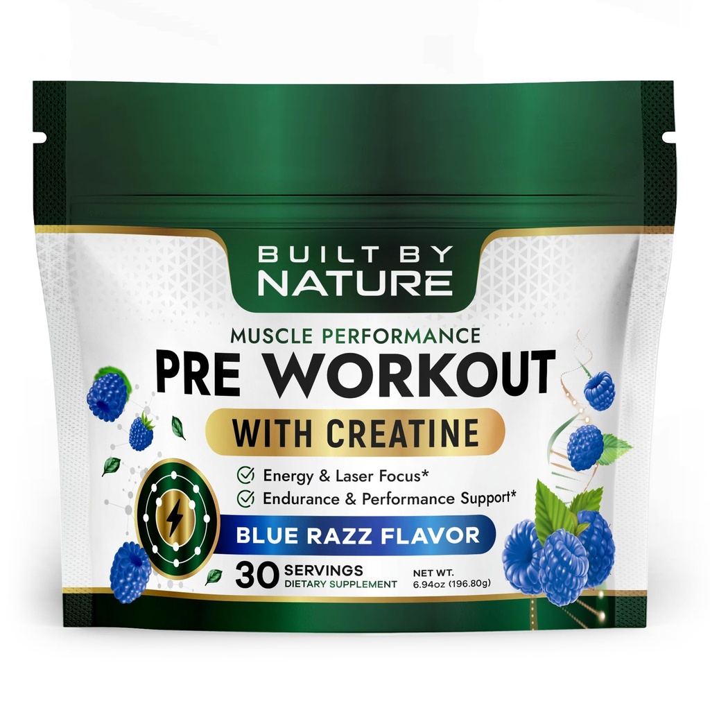 Built by Nature Pre Workout Powder for Men & Women – Preworkout with Creatine for Energy, Focus & Pumps – Sports Nutrition Pre-Workout Supplement – Blue Razz Flavor, 30 Servings