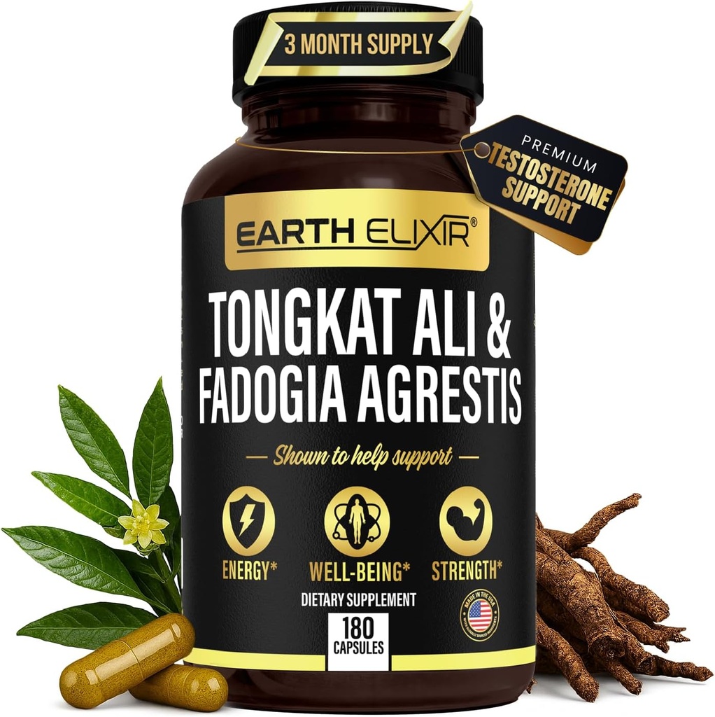 Earth Elixir Fadogia Agrestis & Tongkat Ali for mænd og kvinder - Natural Testosteron Supplement for mænd - Lavet i USA & 3. part Testet - Styrke, Energi & Vitality - Longjack - 3 måneders levering