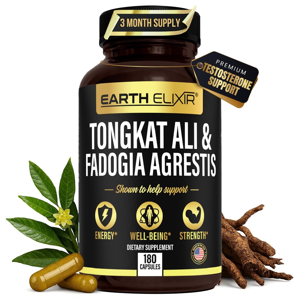 Earth Elixir Fadogia Agrestis & Tongkat Ali for mænd og kvinder - Natural Testosteron Supplement for mænd - Lavet i USA & 3. part Testet - Styrke, Energi & Vitality - Longjack - 3 måneders levering