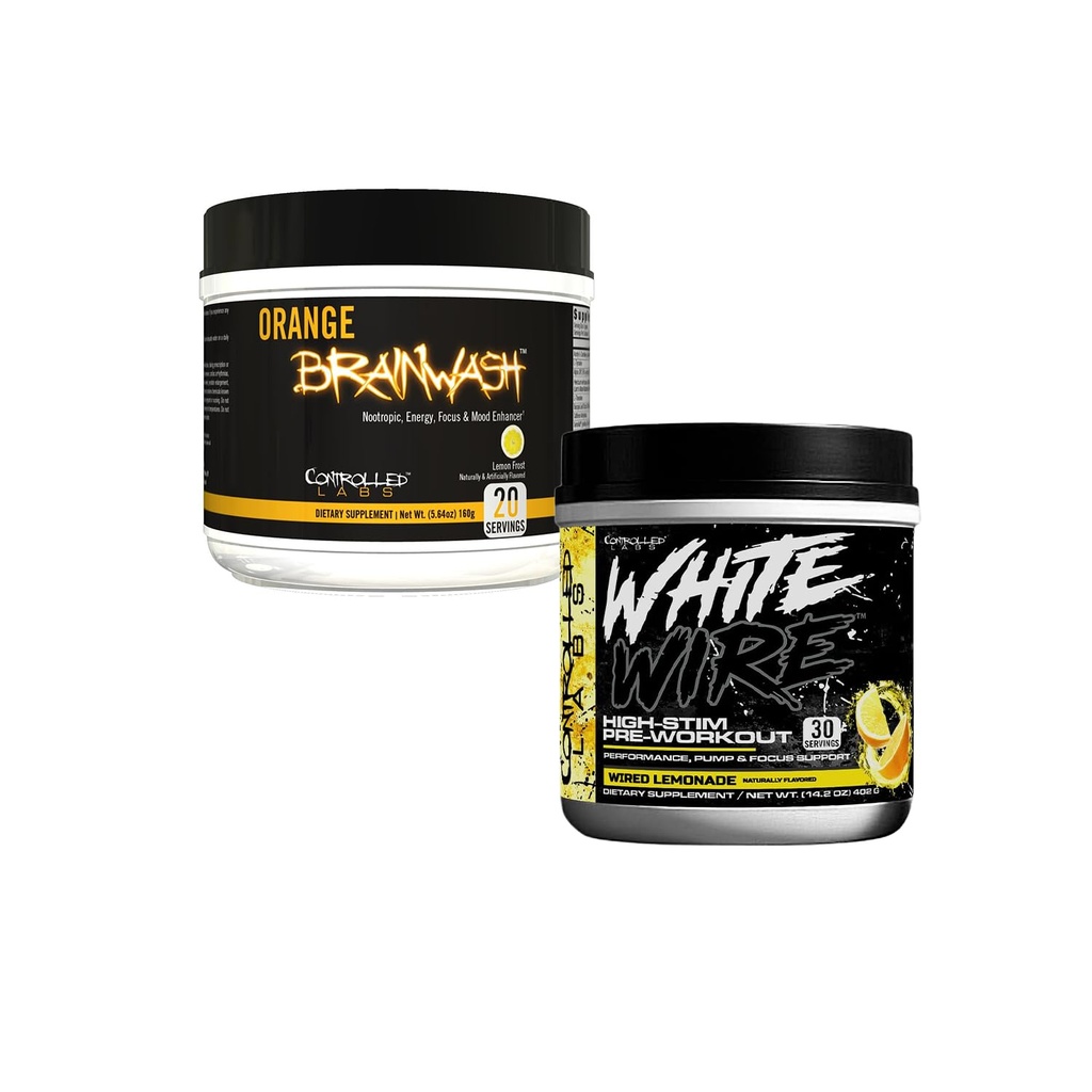 CONTROLLED LABS White Wire Pre-Workout Lemonade with Creatine & Citrulline (30 Servings) + Orange Brainwash Nootropic Lemon Frost (20 Servings) – Energy, Focus & Endurance Bundle